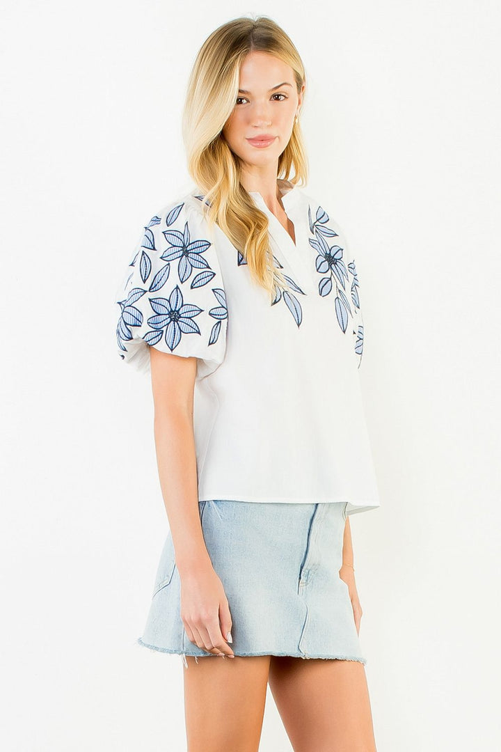 PUFF SLEEVE EMBROIDERY SLEEVE AND CHEST TOP