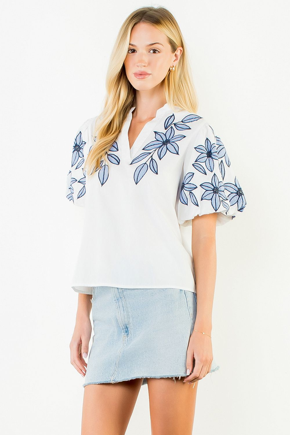 PUFF SLEEVE EMBROIDERY SLEEVE AND CHEST TOP