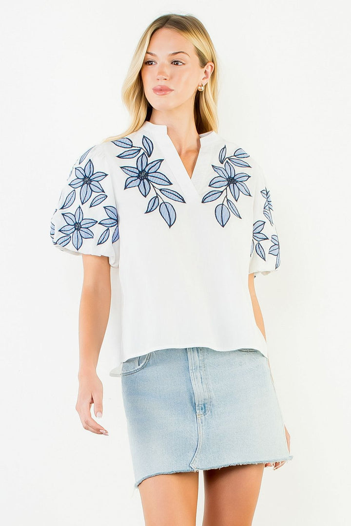 PUFF SLEEVE EMBROIDERY SLEEVE AND CHEST TOP