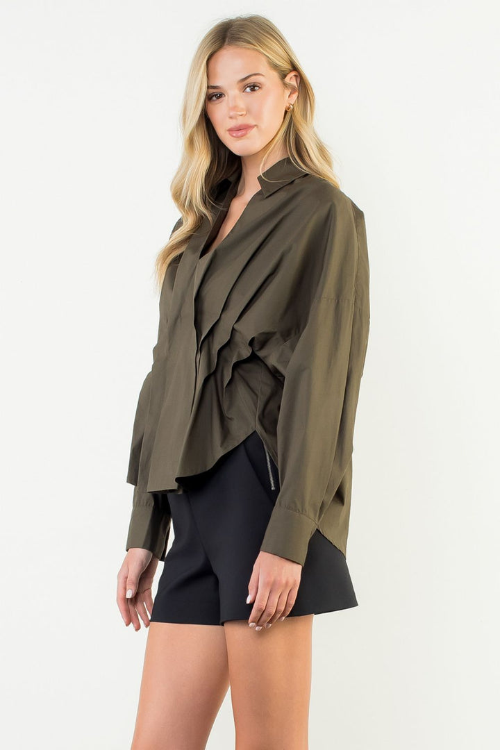 Collared Long Sleeve V-neck Top