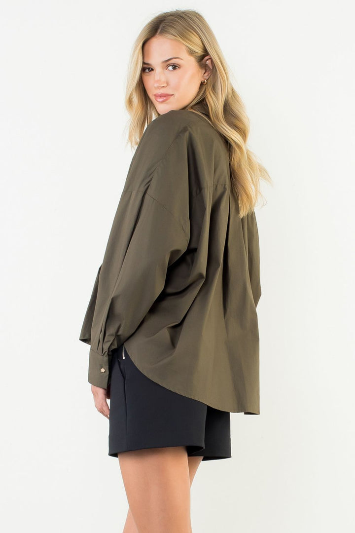 Collared Long Sleeve V-neck Top