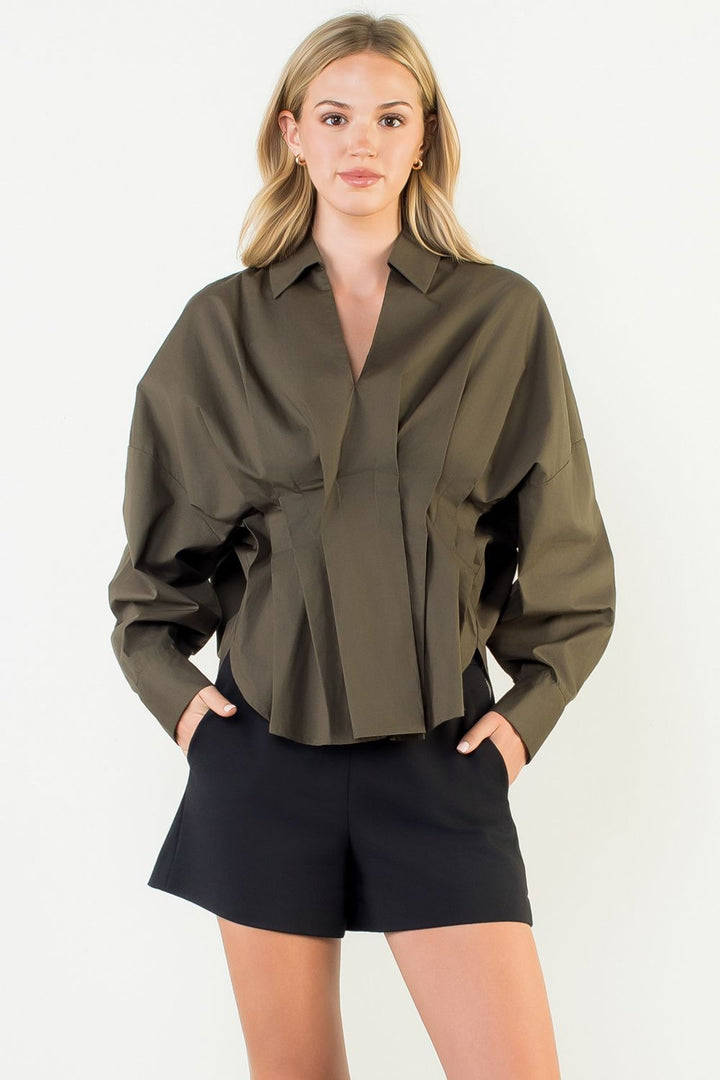Collared Long Sleeve V-neck Top