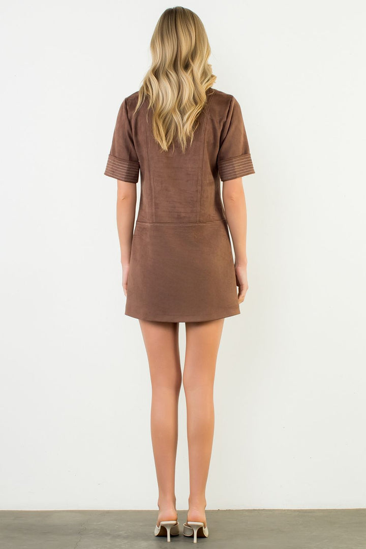 Short Sleeve Collared Suede Dress