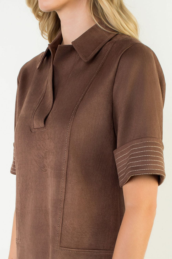 Short Sleeve Collared Suede Dress