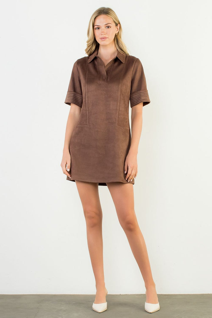 Short Sleeve Collared Suede Dress