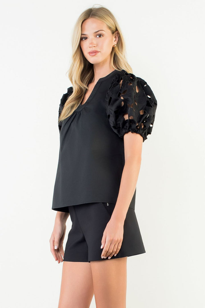Eyelet Detail Puff Sleeve V-Neck Top