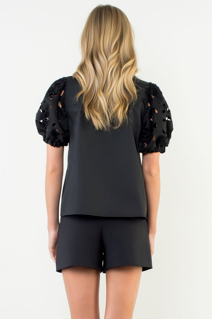 Eyelet Detail Puff Sleeve V-Neck Top