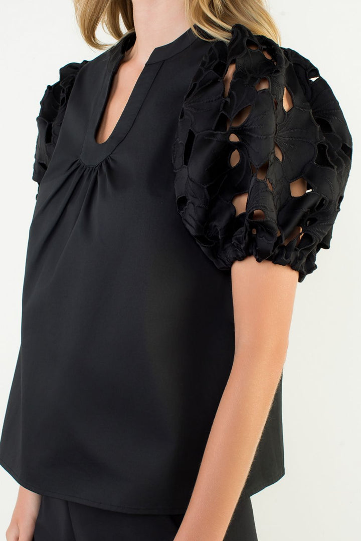 Eyelet Detail Puff Sleeve V-Neck Top