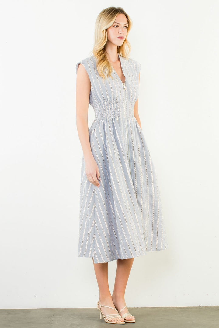 Sleeveless Striped Pattern V-Neck Dress