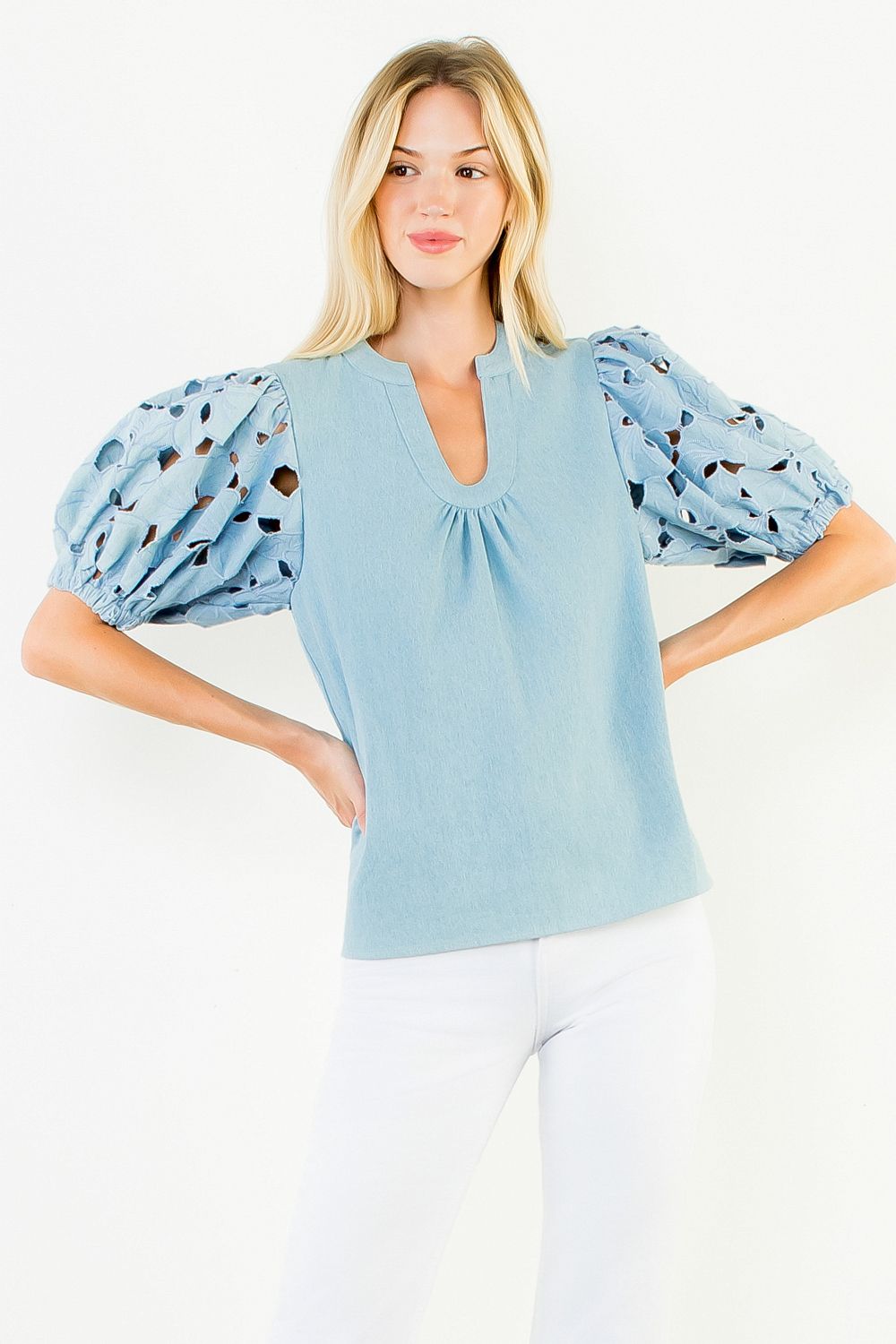 EYELET DETAIL SHORT SLEEVE TOP