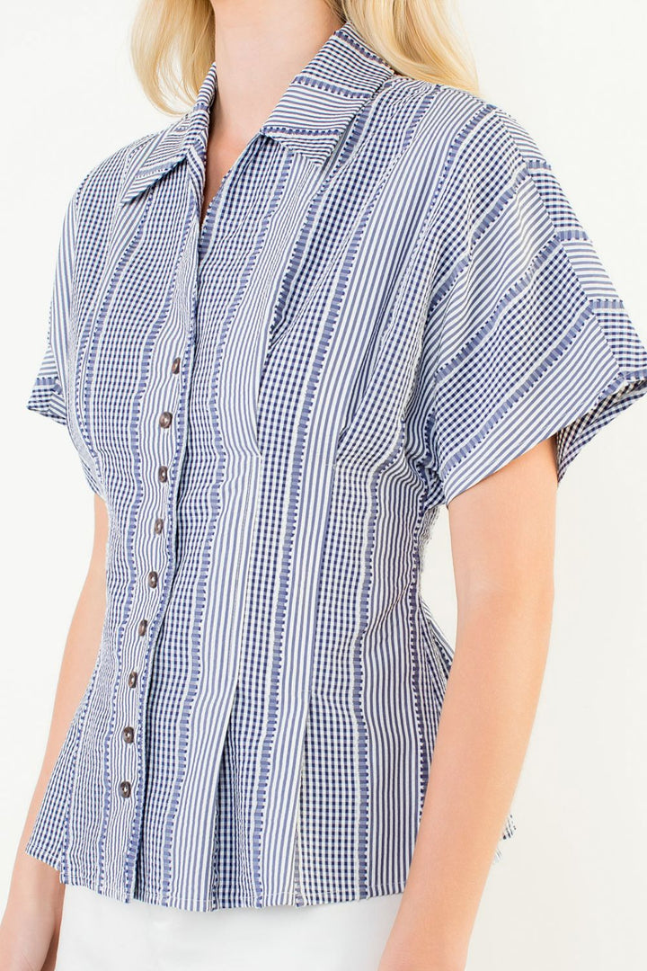 Short Sleeve Stripes Gingham Button Up Top