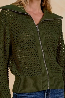 ZIP UP CHUNKY KNIT FOLD OVER NECK CARDIGAN