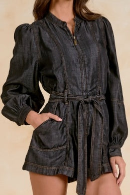 ZIP UP DENIM ROMPER WITH TIE BELT
