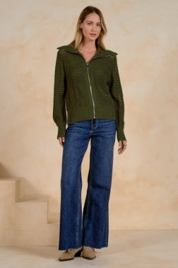 ZIP UP CHUNKY KNIT FOLD OVER NECK CARDIGAN