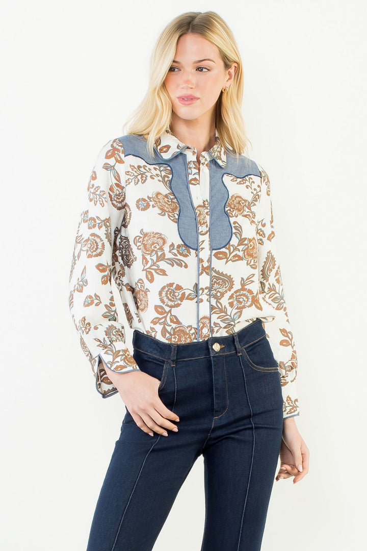 Long Sleeve Floral Detail Button Up Top