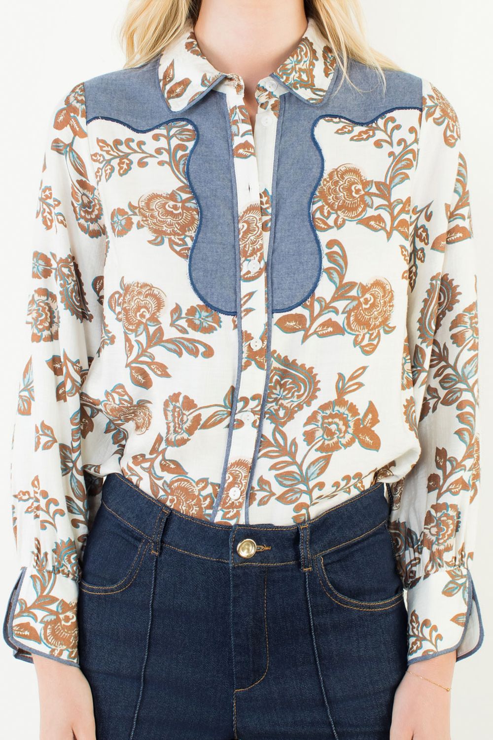 Long Sleeve Floral Detail Button Up Top