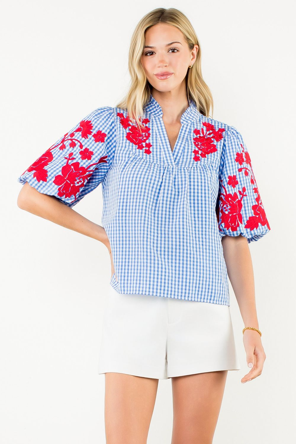 Puff Sleeve Embroidered Detail Top