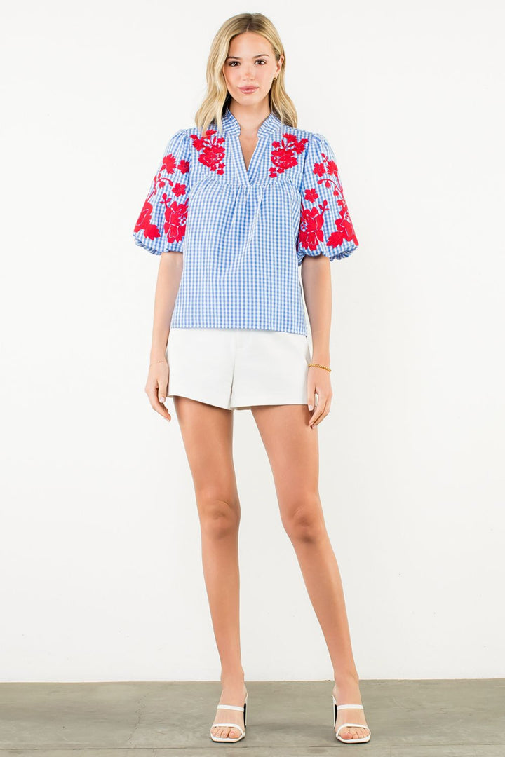 Puff Sleeve Embroidered Detail Top