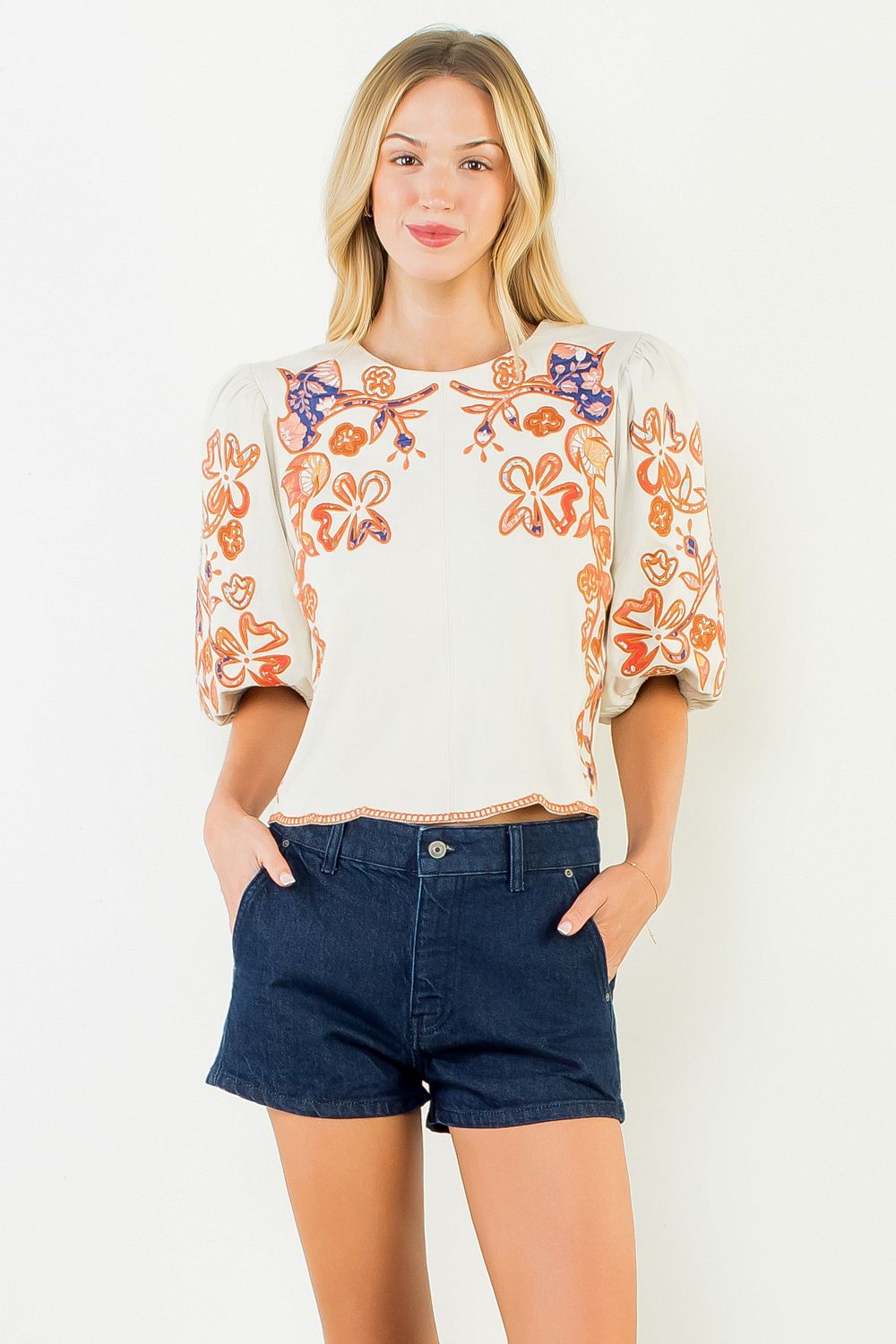 FLORAL EMBROIDERED PUFF SLEEVE TOP