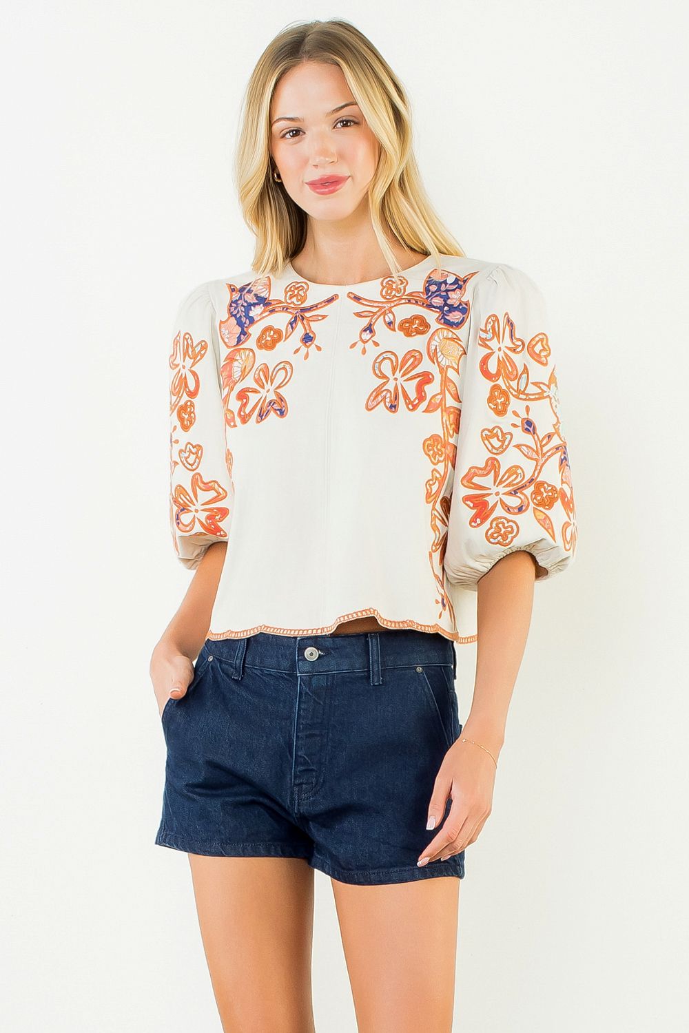 FLORAL EMBROIDERED PUFF SLEEVE TOP