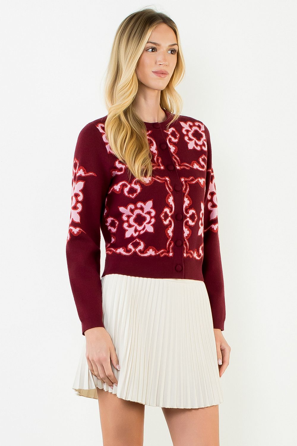 LONG SLEEVE PATTERNED BUTTON CARDIGAN