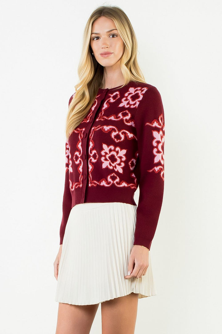 LONG SLEEVE PATTERNED BUTTON CARDIGAN