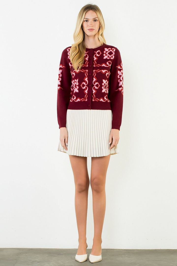 LONG SLEEVE PATTERNED BUTTON CARDIGAN
