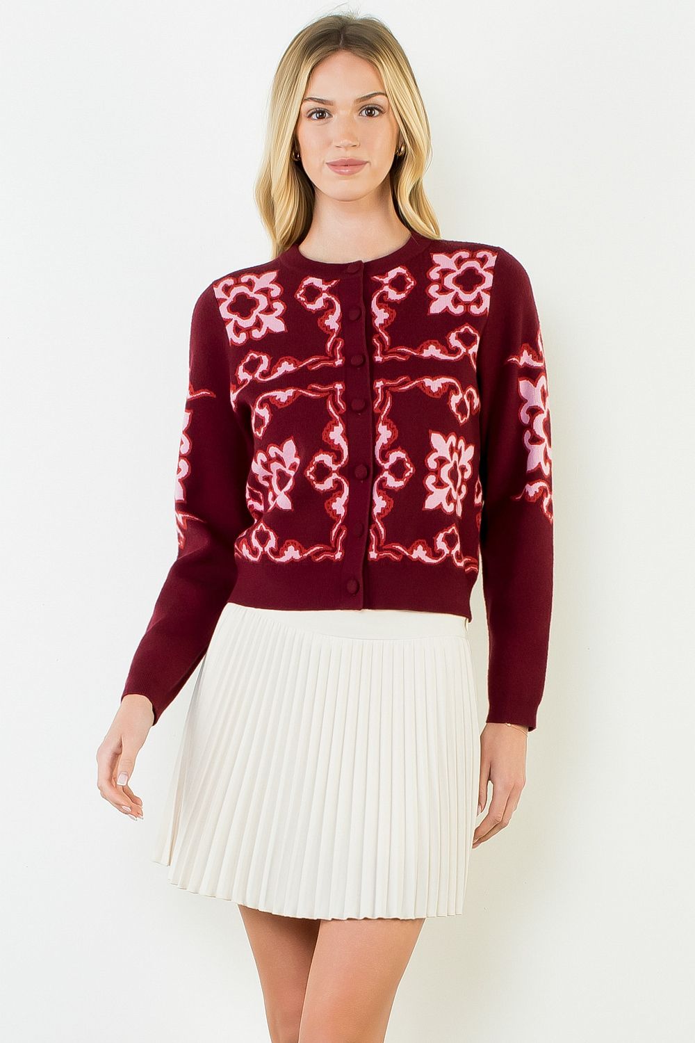 LONG SLEEVE PATTERNED BUTTON CARDIGAN