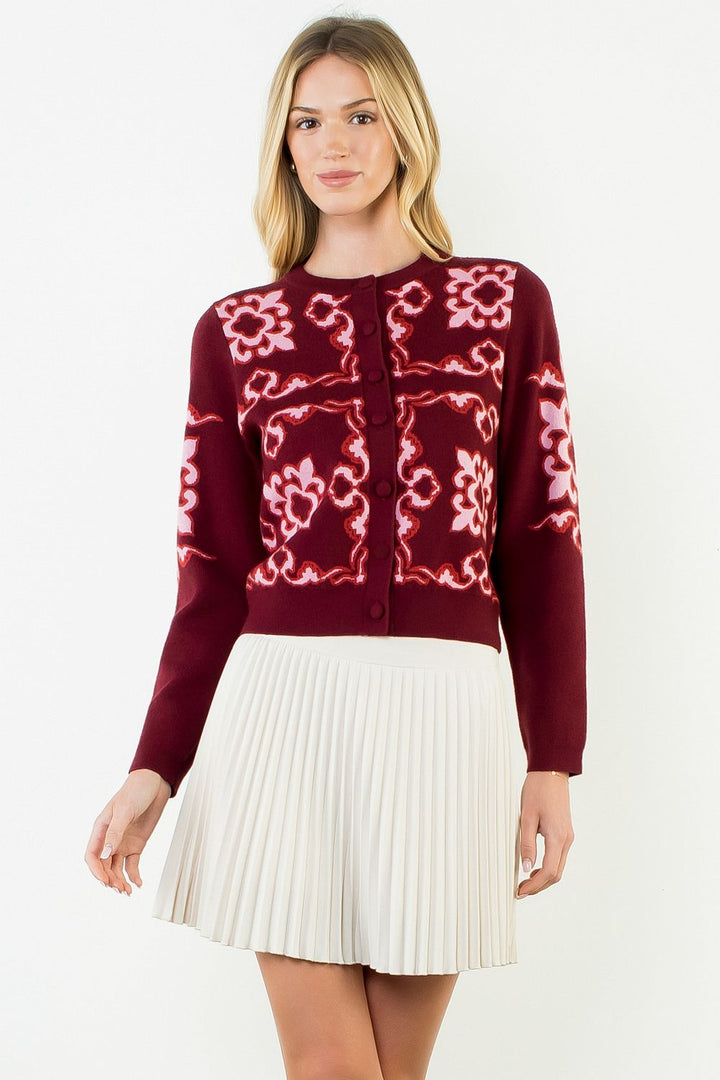 LONG SLEEVE PATTERNED BUTTON CARDIGAN