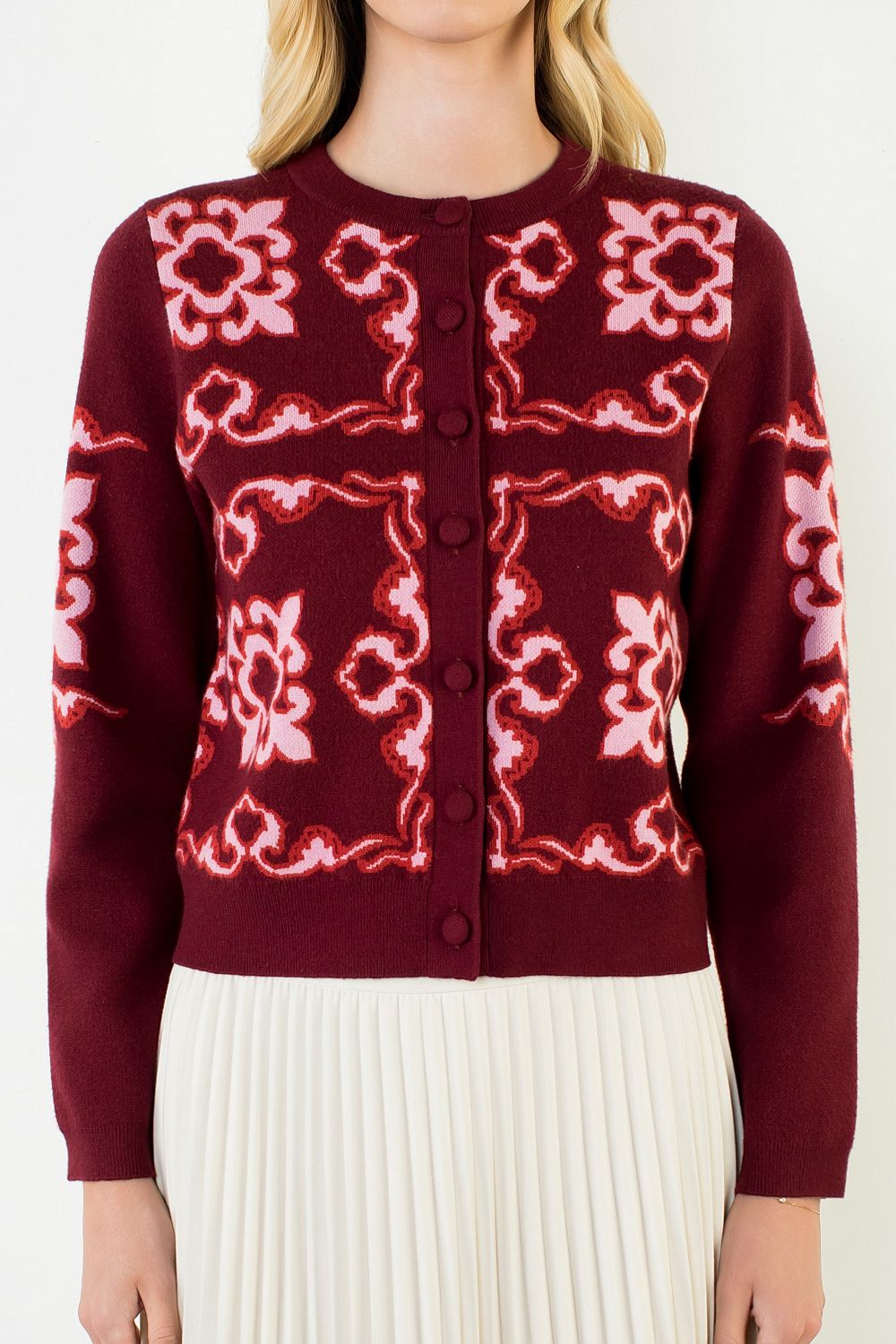 LONG SLEEVE PATTERNED BUTTON CARDIGAN